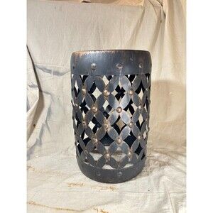 Black Outdoor Metal Drum Table Button Accents Patio Furniture 18" x 11"